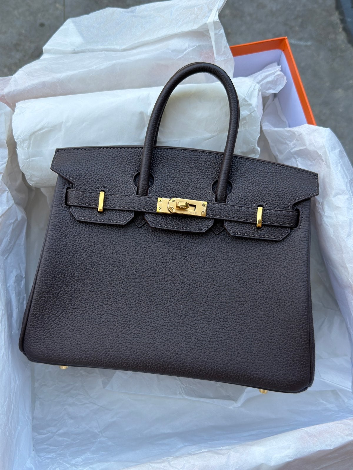 Birkin 25 Ebéne GHW, Sieraden, Tassen en Uiterlijk, Tassen | Damestassen, Verzenden, Zo goed als nieuw, Bruin, Handtas