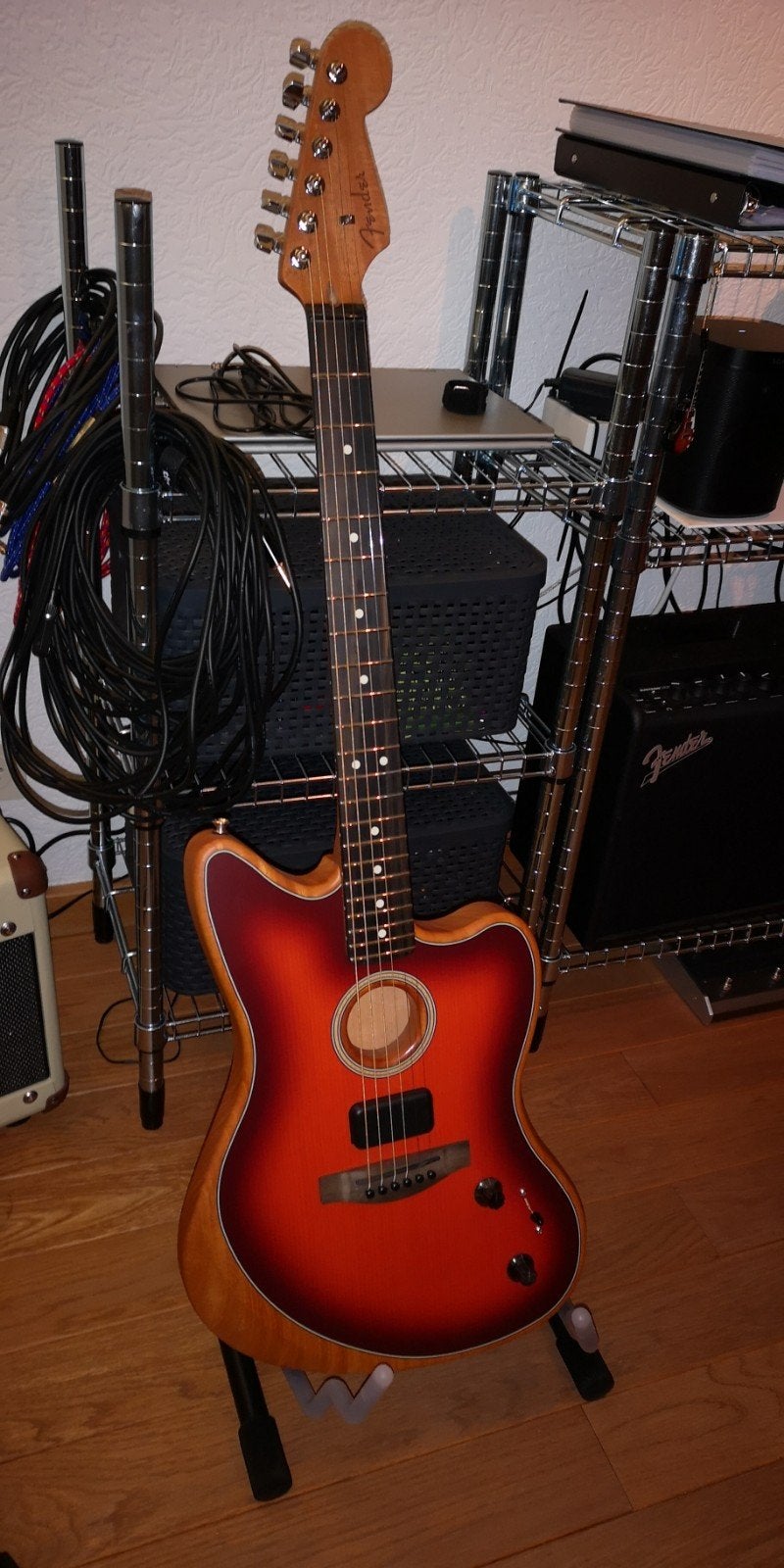 2021 Fender American Acoustasonic Jazzmaster TobaccoSunburst, Ophalen, Zo goed als nieuw, Hollow body, Fender