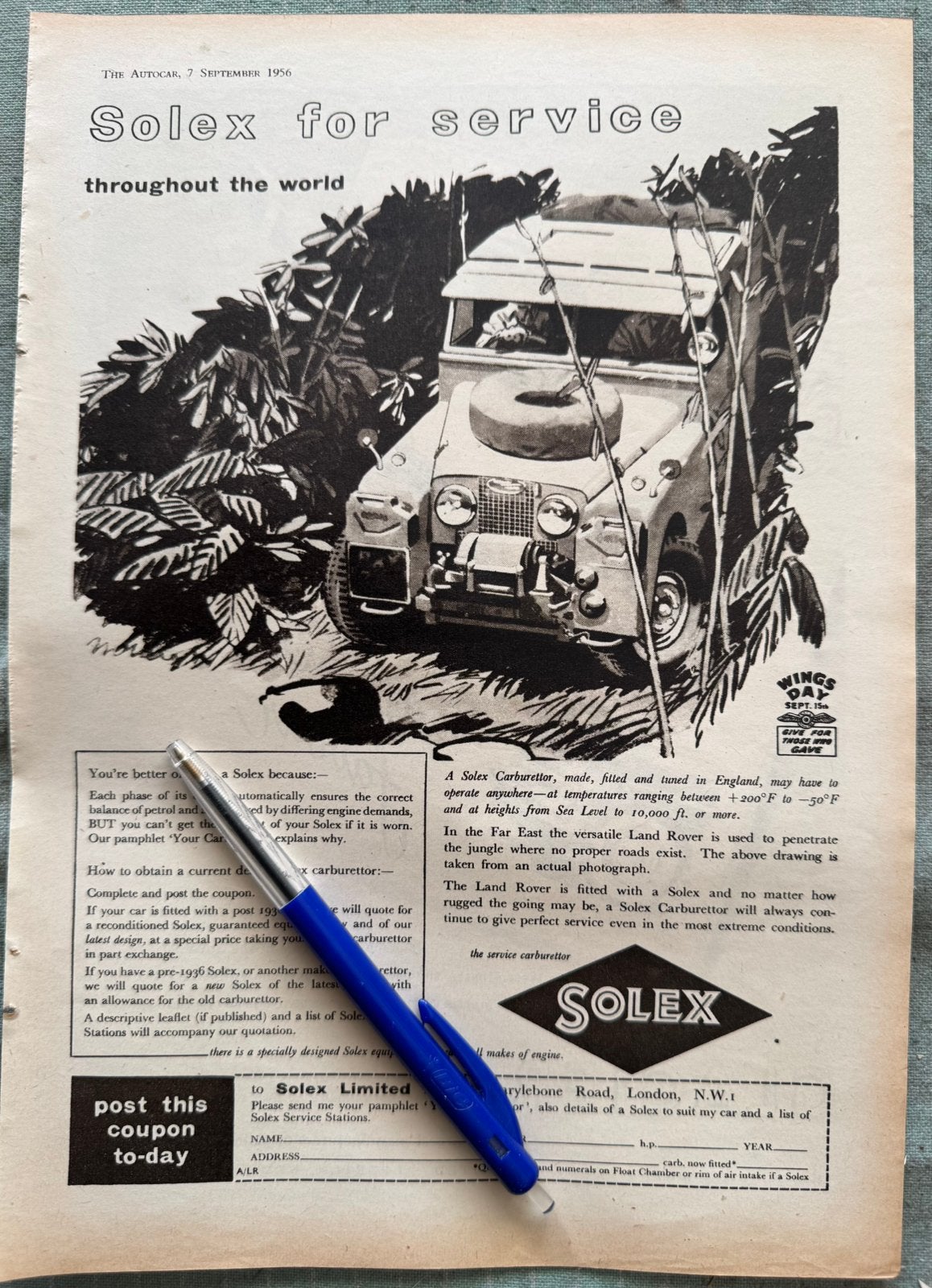Advertentie 1956 Solex carburateur Land Rover, Verzamelen, Verzenden, Zo goed als nieuw, Auto's