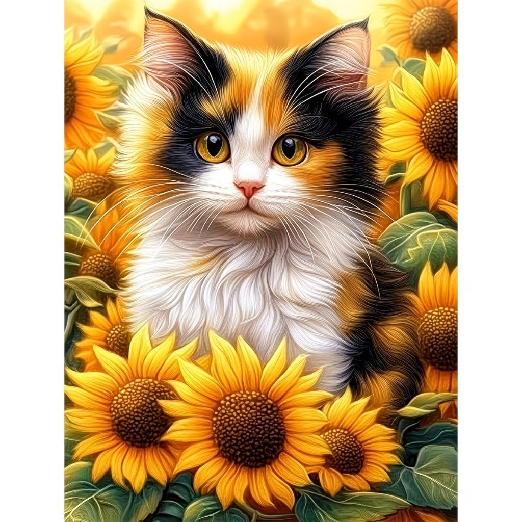 50x40cm Diamond Painting kat met zonnebloemen (rond) nr 95, Geel, Nieuw, Ophalen of Verzenden, Overige materialen