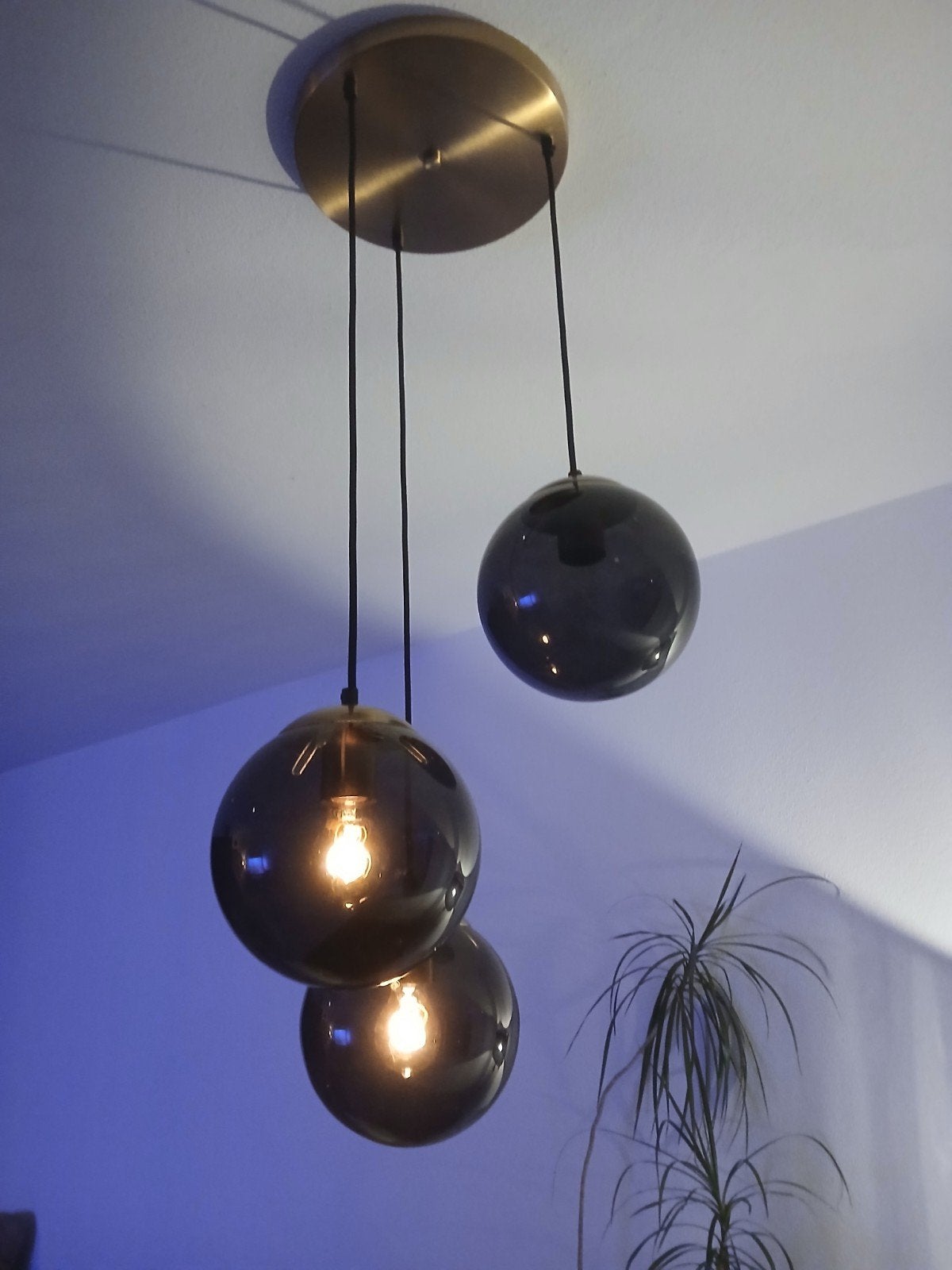 Design Hanglamp Pallon - Messing & Smoke Glas (3-lichts), Ophalen, E27 (groot), Zo goed als nieuw, Glas