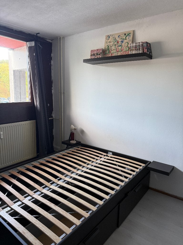IKEA BRIMNES bed frame with storage, Ophalen, Zwart, 140 cm, Zo goed als nieuw