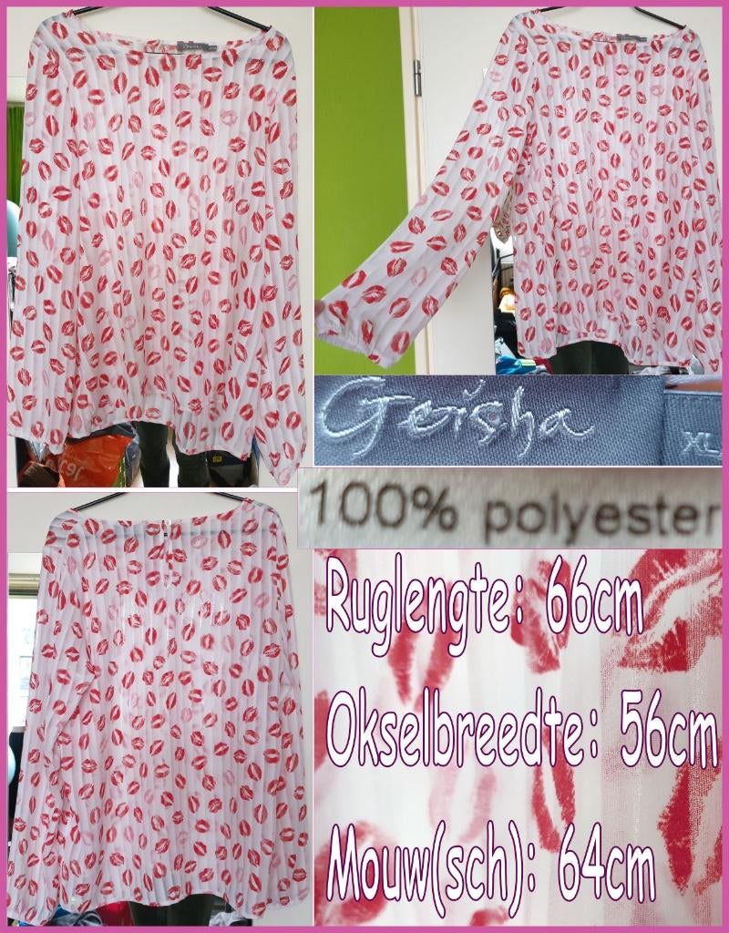 GEISHA witte transparante blouse met kusjes/lippen maat 42, Geisha, Verzenden, Wit, Maat 42/44 (L)