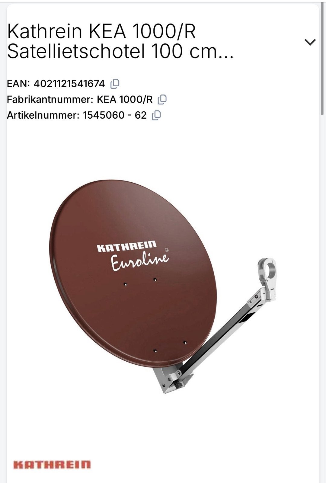 KATHREIN KEA 1000/R Satellietschotel 100 cm - Nieuw, Ophalen of Verzenden, Nieuw, (Schotel)antenne, Overige merken