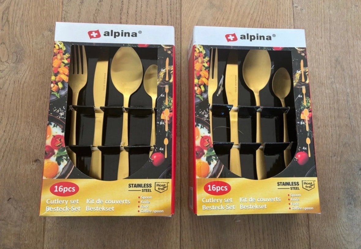Alpina Bestekset 16-delig RVS Goud/Koper - Nieuw in doos, Bestekset, Overige typen, Nieuw, Ophalen of Verzenden
