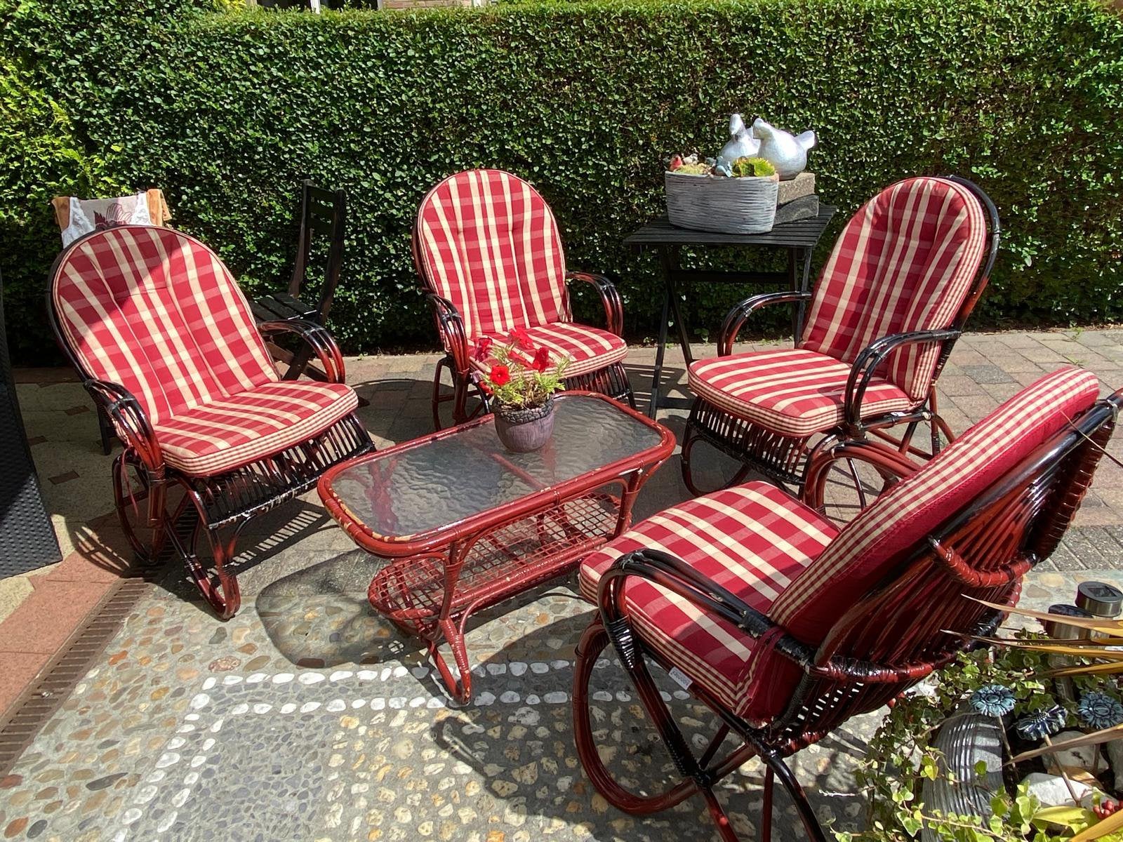 Vintage rotan tuinset 5-delig met kussens, Ophalen, Gebruikt, Rotan