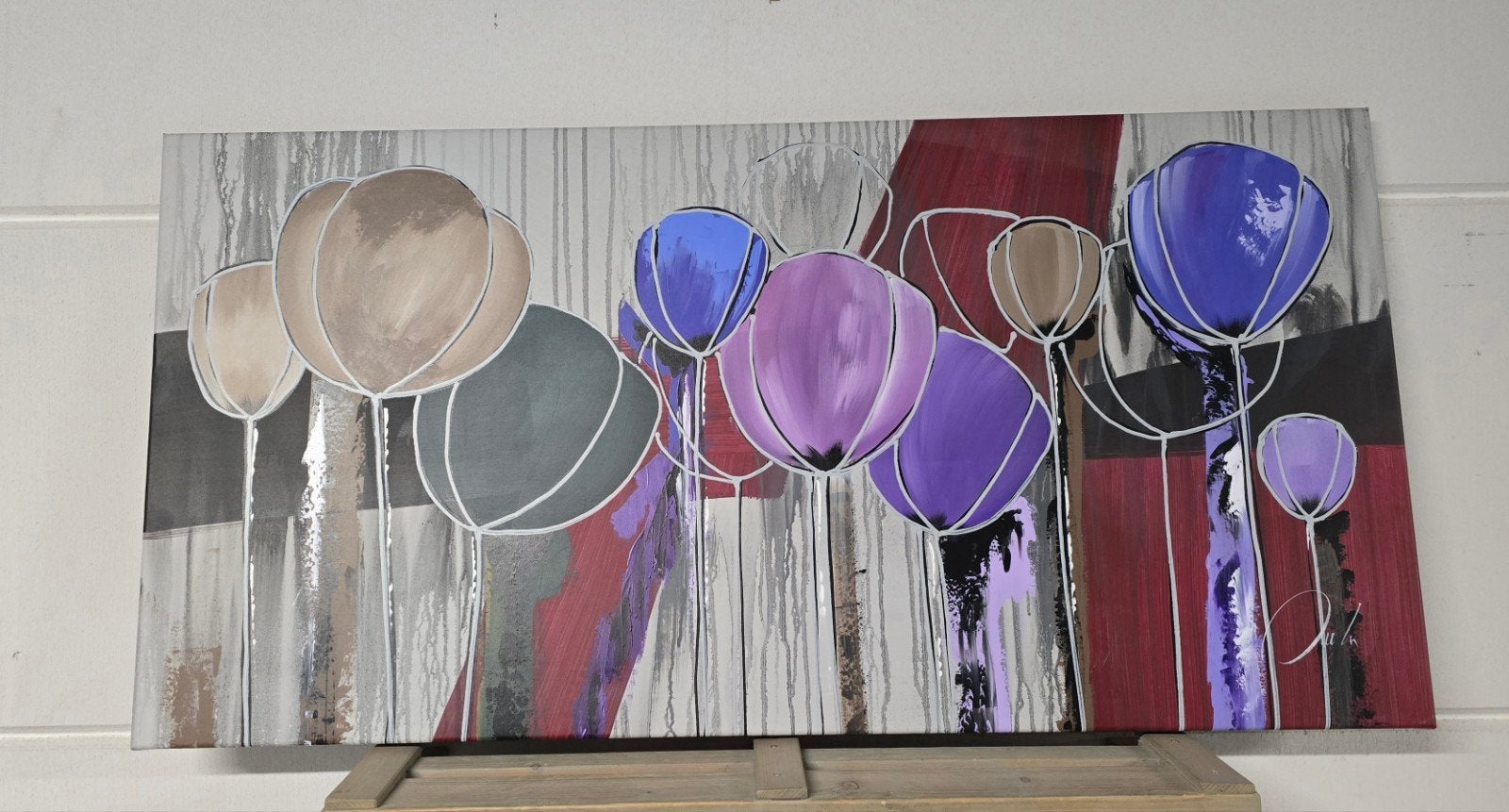Modern schilderij met abstracte bloemen in paars en grijs, Antiek en Kunst, Ophalen of Verzenden