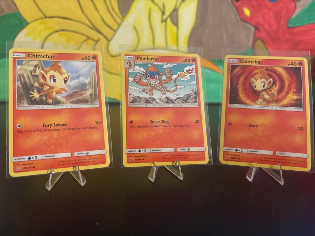 Ultra Prism- Pokémon Kaarten: Chimchar, Monferno (3 stuks), Ophalen of Verzenden, Gebruikt, Meerdere kaarten