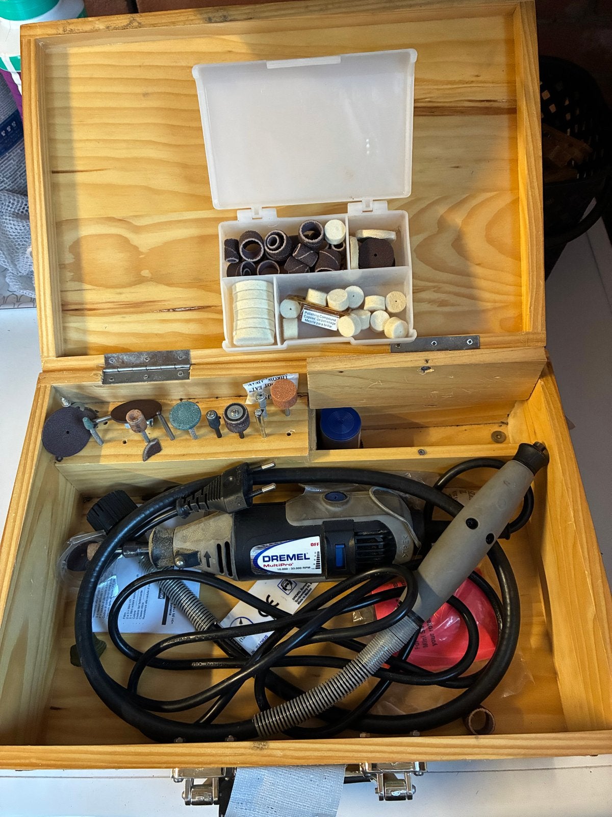 Dremel MultiPro met accessoires in houten kist, Ophalen of Verzenden, Gebruikt