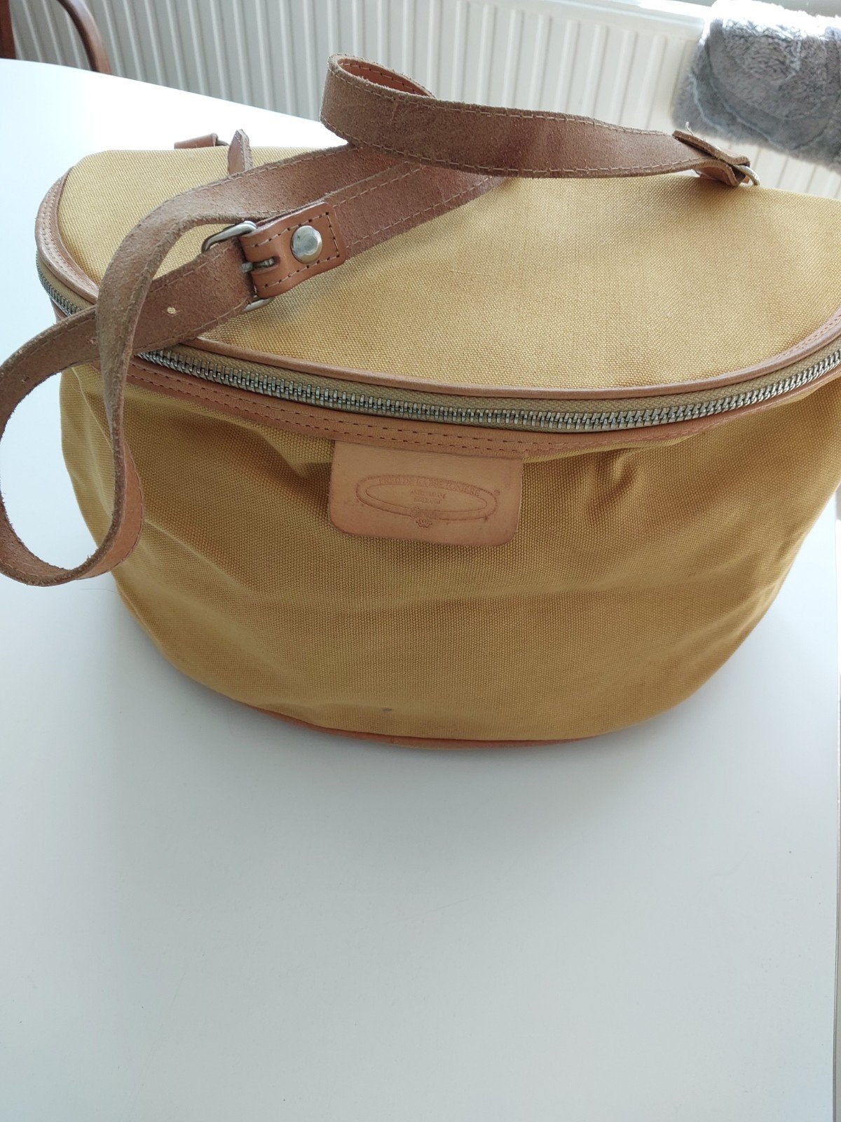 Vintage Fred de la Bretoniere canvas tas met leren band, Ophalen of Verzenden, Gebruikt, Geel, Handtas