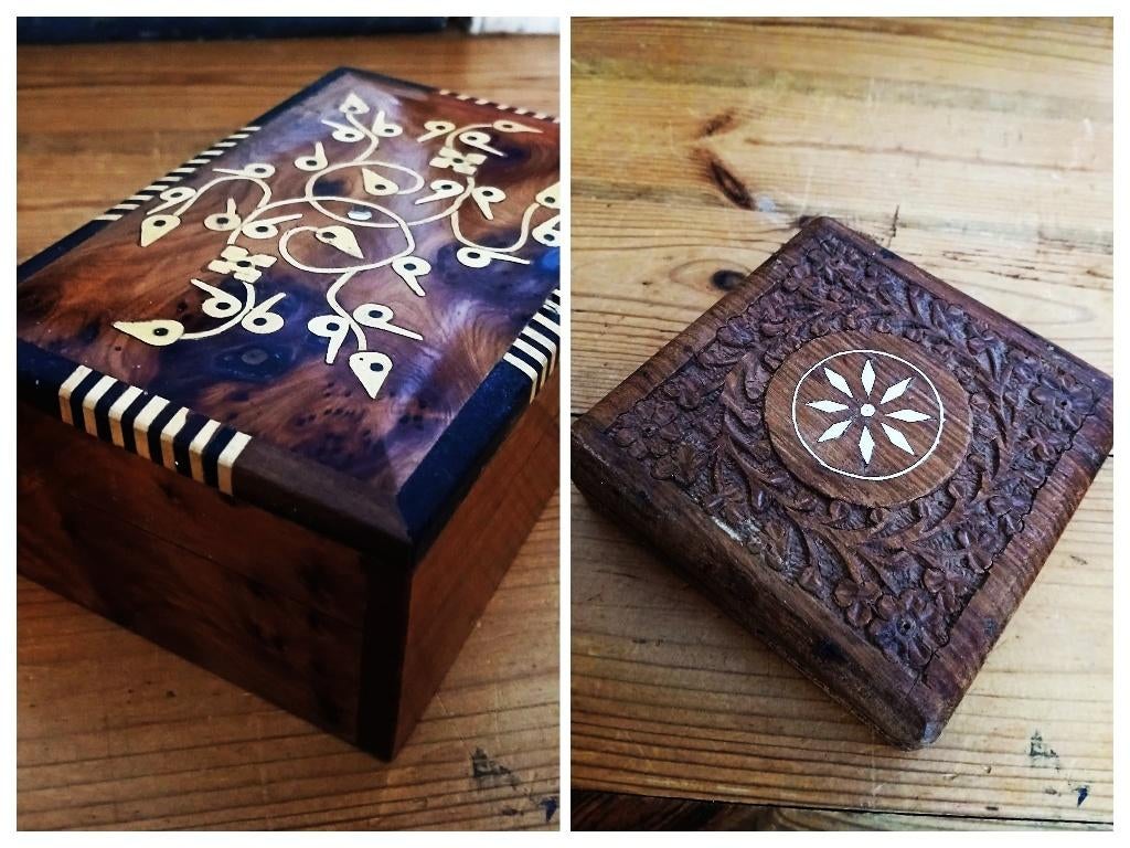 Meerdere houten kistjes India - uitgesneden - ingelegd thuya, Antiek en Kunst, Ophalen of Verzenden
