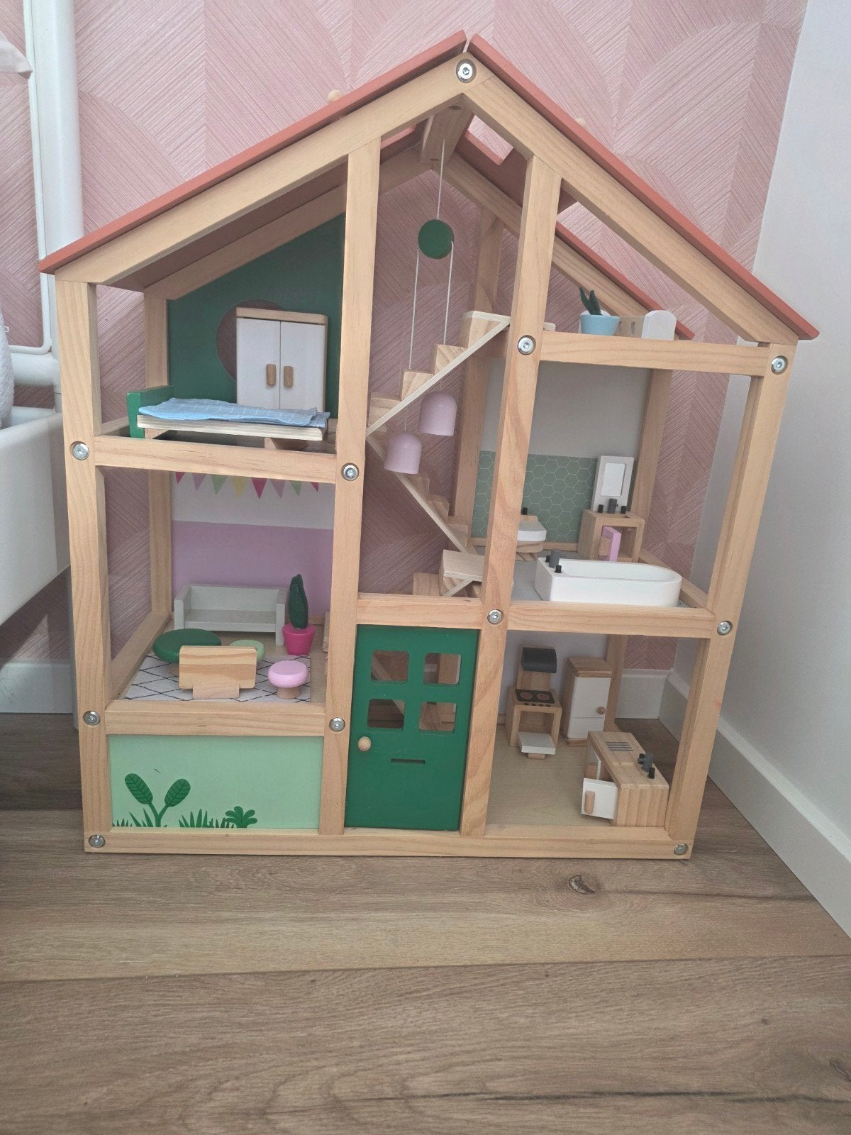 Houten Poppenhuis met Meubels - Zo goed als nieuw, Ophalen, Gebruikt, Poppenhuis