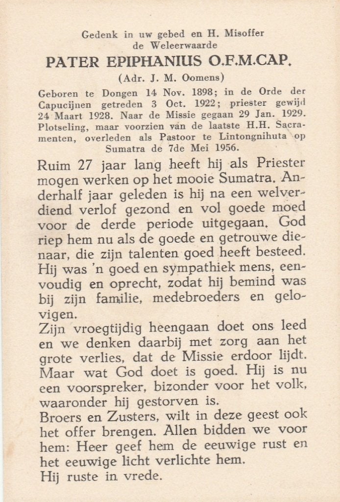 pater oomens-dongen-sumatra 1956, Ophalen of Verzenden, Bidprentje