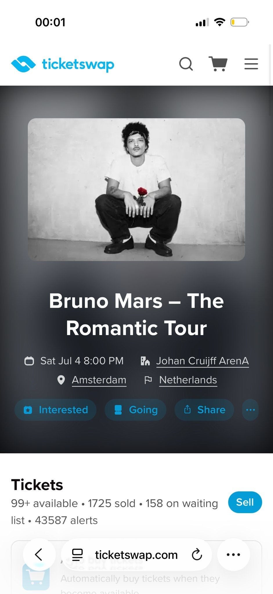 Bruno Mars Romantic tour 2/4/5/6/7 juli, Tickets en Kaartjes, Eén persoon, Juli