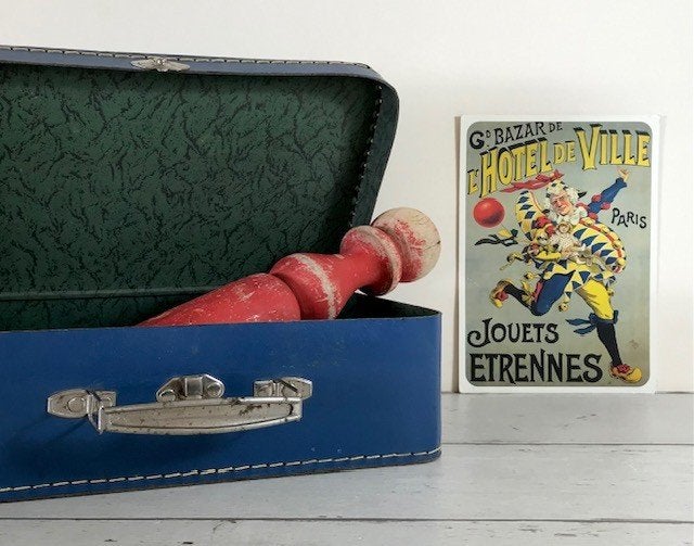 Vintage blauw koffertje van geperst karton, Ophalen of Verzenden