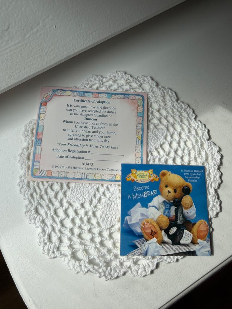 Losse adoptiepapieren Cherished Teddies Duncan 163473 (1995), Verzamelen, Ophalen of Verzenden, Zo goed als nieuw, Overige typen