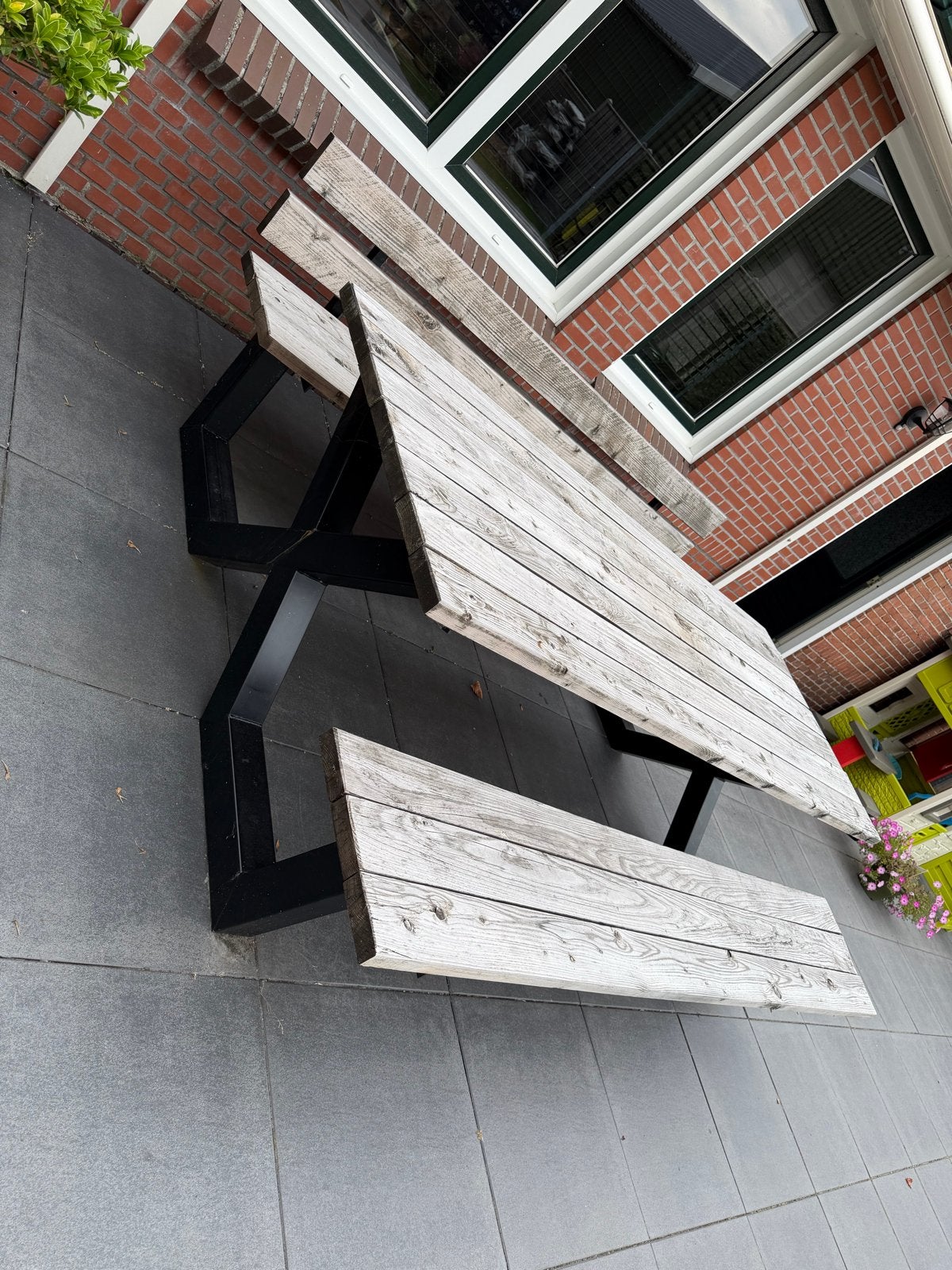 Picknicktafel met stalen frame, Ophalen, Gebruikt, Rechthoekig, Hout