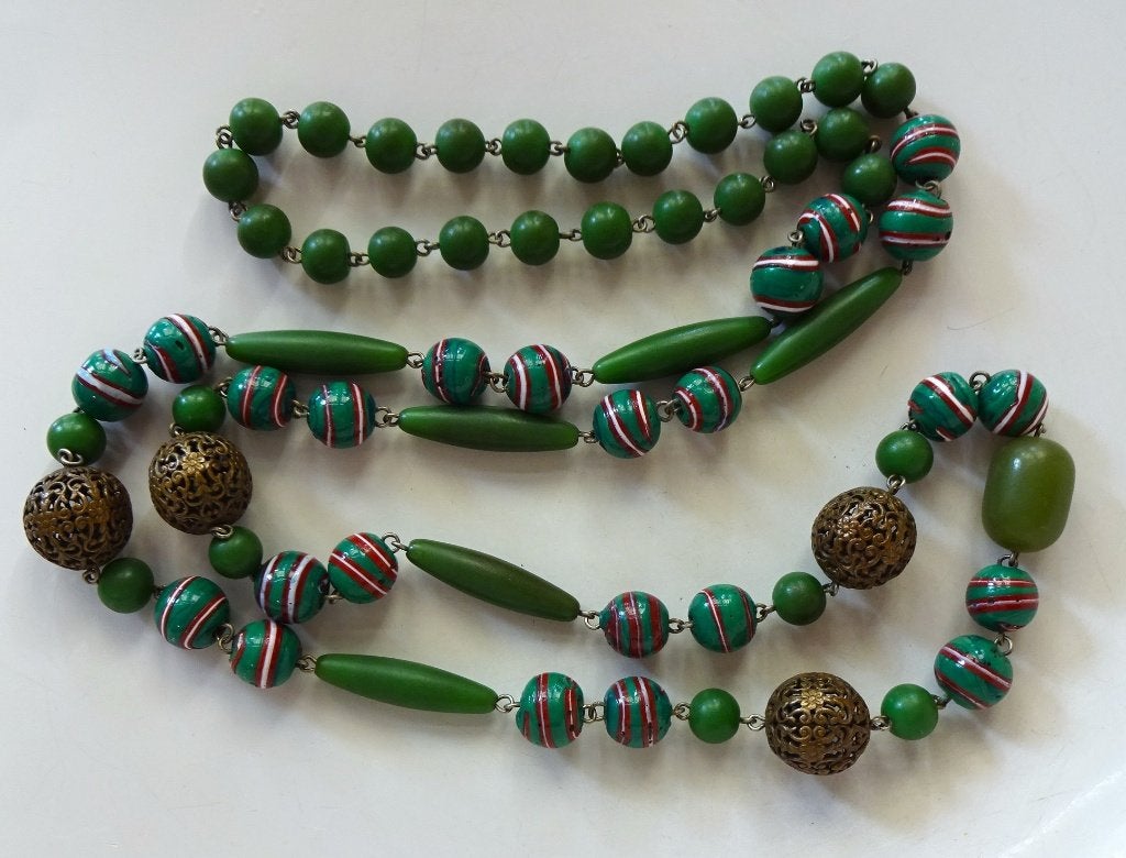 Jaren '20 / '30 ketting: catalin, glas en koperen kralen, Sieraden, Tassen en Uiterlijk, Ophalen of Verzenden, Koper, Ketting