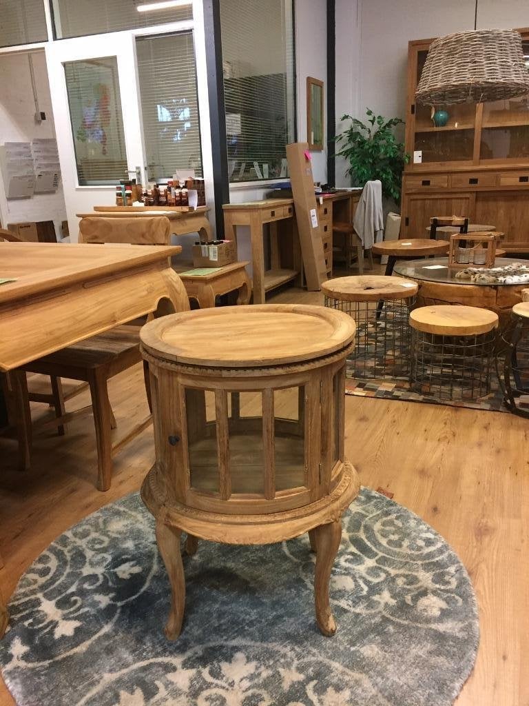 Rond of Ovaal Theekastje Teak + Glas 68h met los DIENBLAD., Ophalen, Nieuw, Overige vormen, Hout