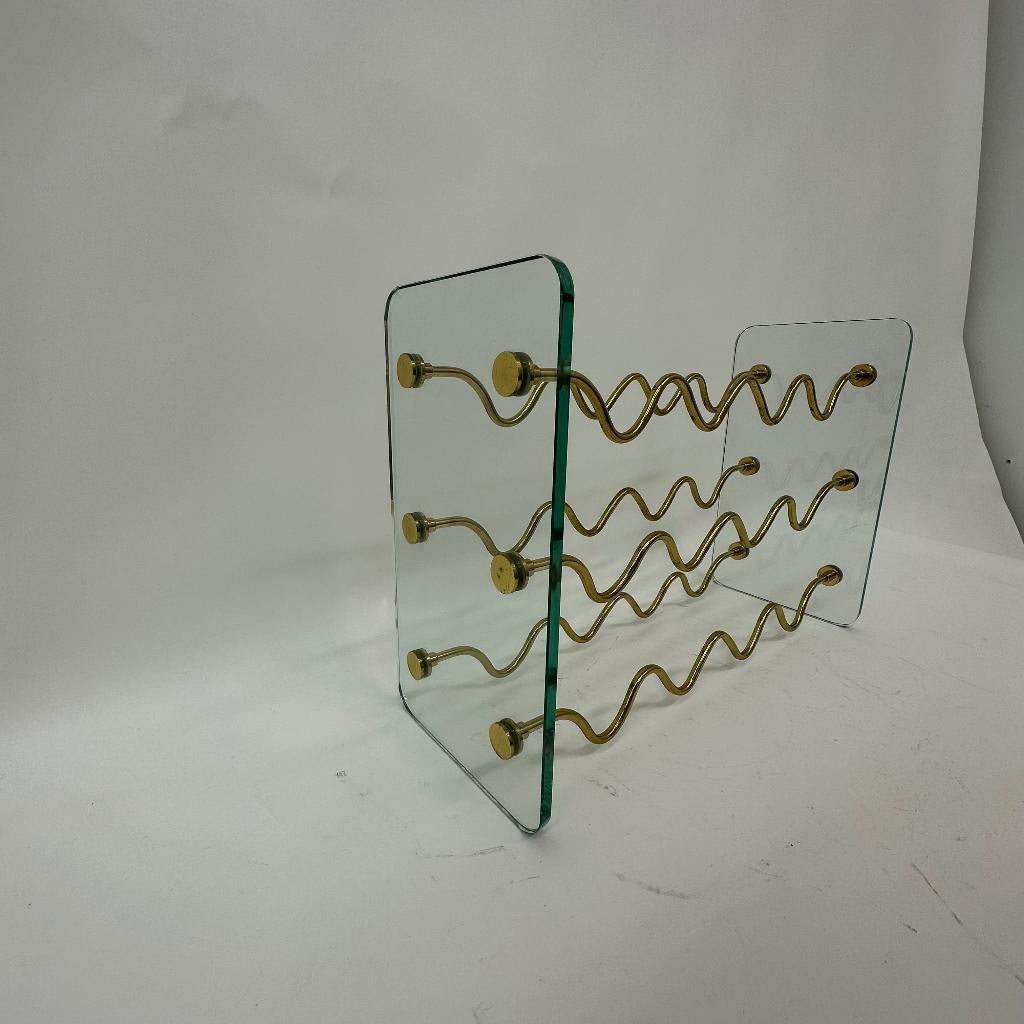 wijnrek David Lange jaren 70 design brass glas koper, Huis en Inrichting, Woonaccessoires | Wijnrekken, 5 tot 15 flessen, Wijnrek