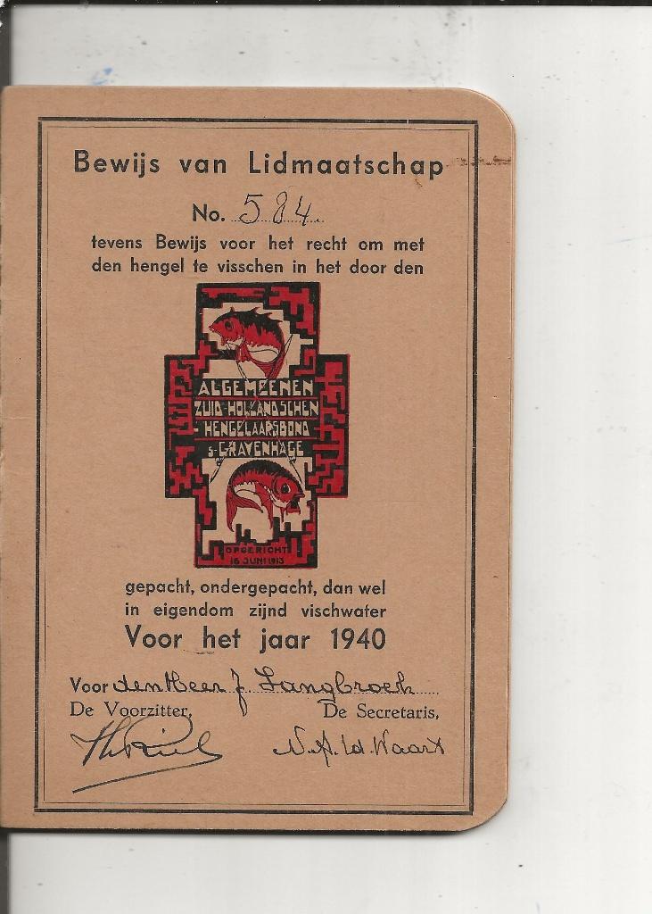 Bewijs om te visschen met hengel in Den Haag en omstreken, Ophalen of Verzenden, 1920 tot 1940, Gelopen, Zuid-Holland