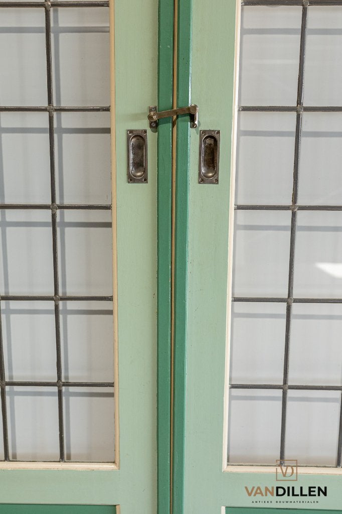 Antieke ensuite/schuifdeuren glas in lood + sluiting, Doe-het-zelf en Verbouw, Deuren en Horren, Gebruikt, 120 cm of meer, Binnendeur