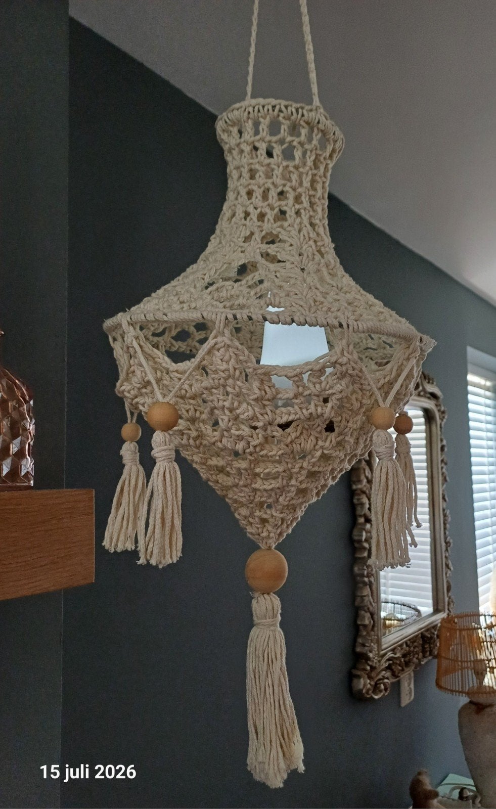 Boho gehaakte Lampenkap - Handgemaakt en Sfeervol, Ophalen, G12, Zo goed als nieuw, Boho, Macramé, Scandinavisch