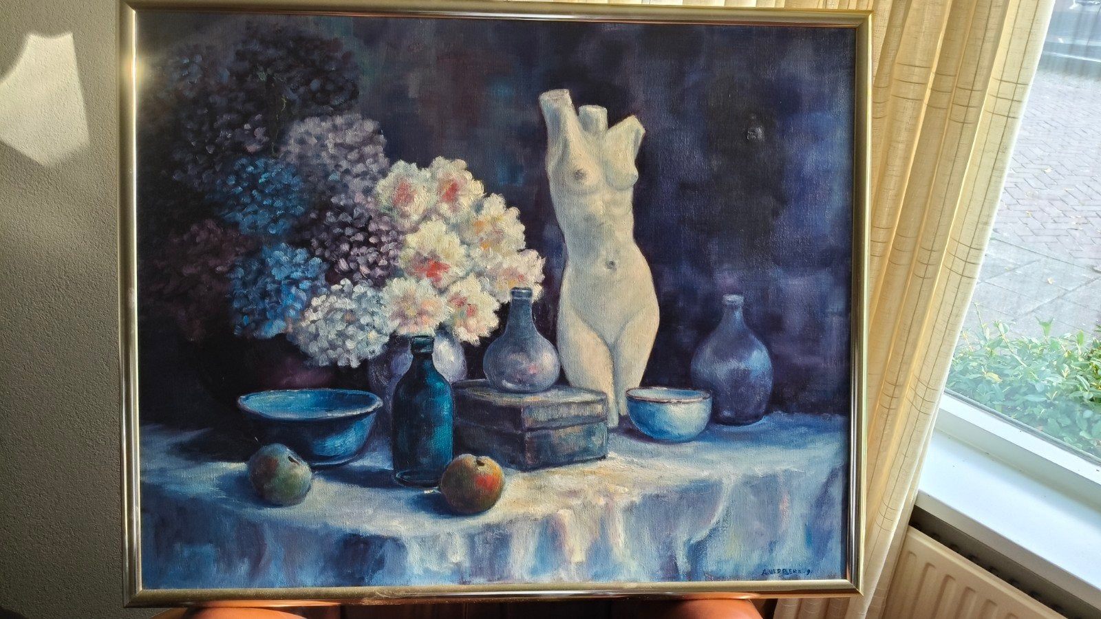Schilderij Stilleven met bloemen en buste 100x80 cm, Ophalen of Verzenden