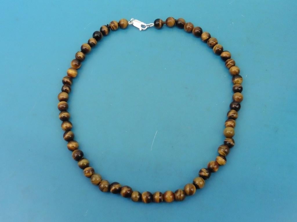 Tijgeroog collier met zilveren slot                      D42, Gebruikt, Overige kleuren, ., Ophalen of Verzenden