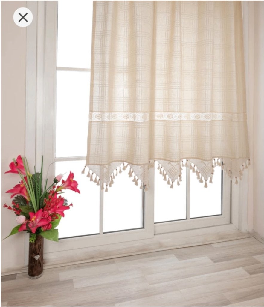 Linnen Vitrage Gordijn met Gehaakt Kant & Kwastjes 300x120cm, Huis en Inrichting, Stoffering | Gordijnen en Lamellen, Ophalen