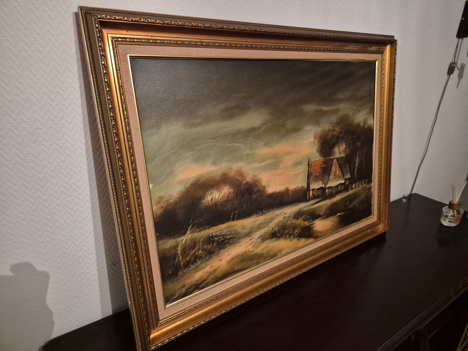 Schilderij met landschap en boerderij, Antiek en Kunst, Kunst | Schilderijen | Klassiek, Doek, Ophalen of Verzenden, Landschap