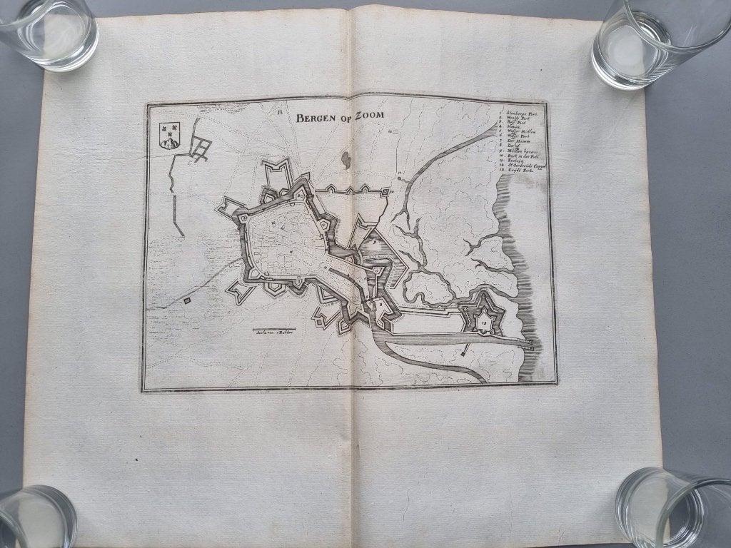 mooie kopergravure van Bergen op Zoom, Gravure, Handgekleurd, 1600 - 1699, Ophalen of Verzenden