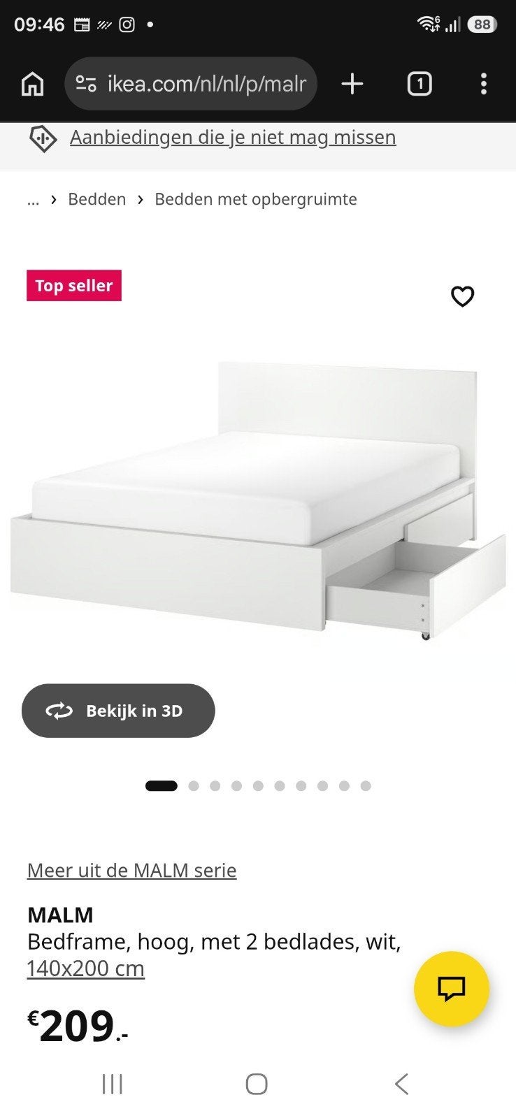 IKEA MALM Bedframe wit met opberglades 140x200 cm, Ophalen, Gebruikt, Wit, Tweepersoons