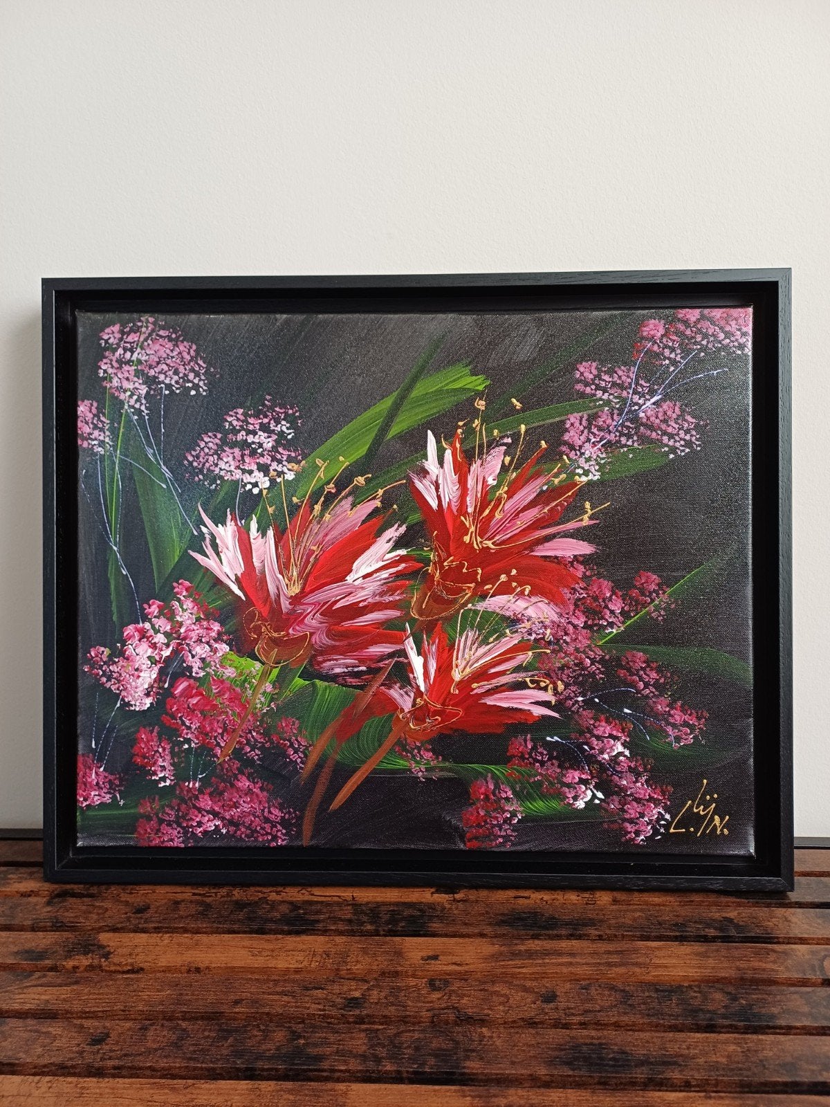 Schilderij Lineke Lijn, bloemen, luxurious flowers rood, Ophalen of Verzenden