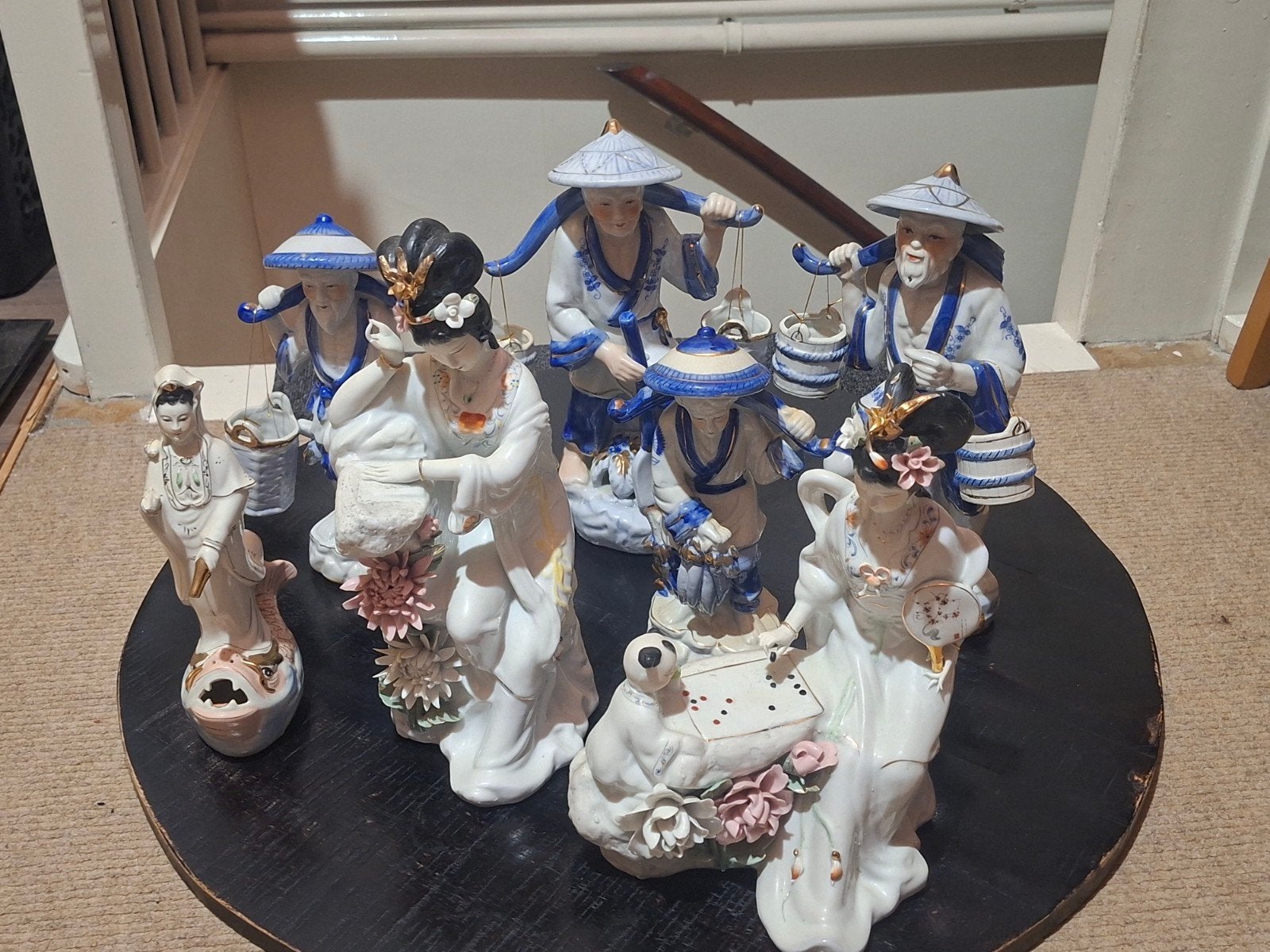 Vintage porseleinen beeldjes blauw, wit, goud - complete set, Ophalen of Verzenden, Gebruikt