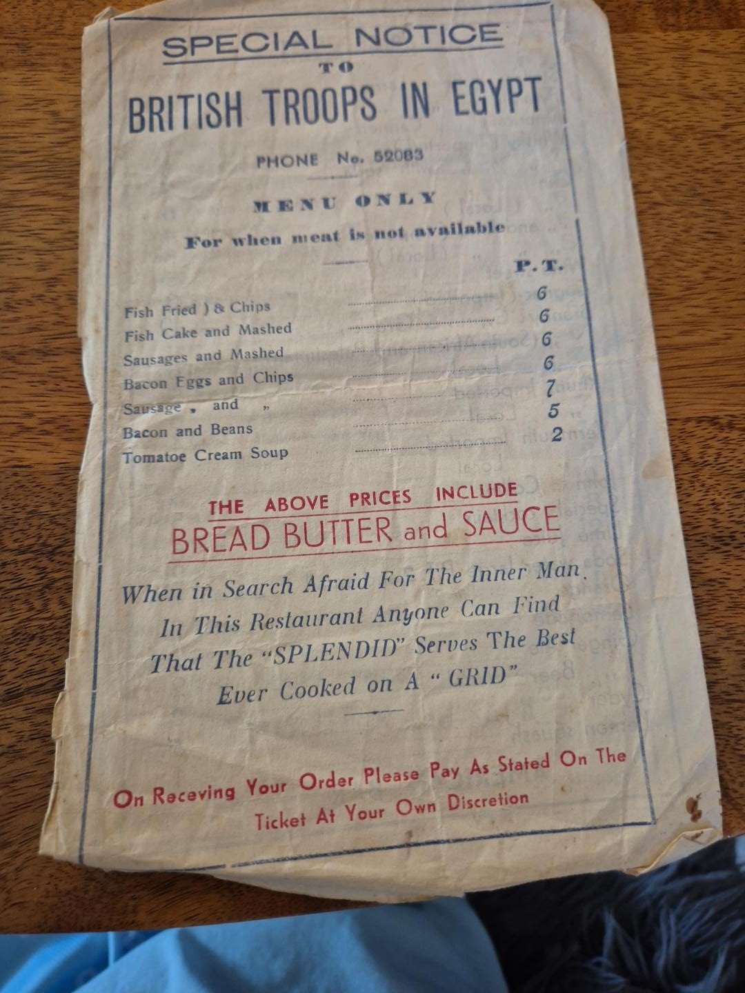 Originele WO2 menukaart Splendid Bar Cairo – British Troops, Verzenden