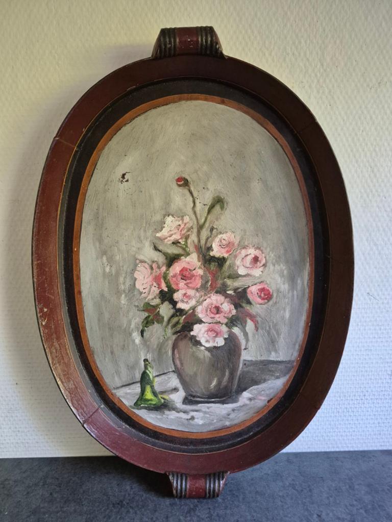 Oud metalen dienblad met schildering vintage, Antiek en Kunst, Ophalen of Verzenden