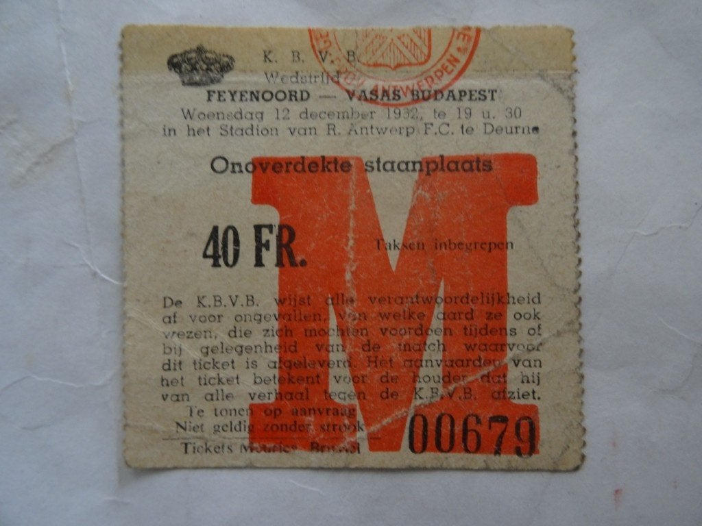 Ticket Feyenoord - Vasas Budapest 12 dec. 1962 in Antwerpen, Ophalen, Gebruikt, Feyenoord, Overige typen