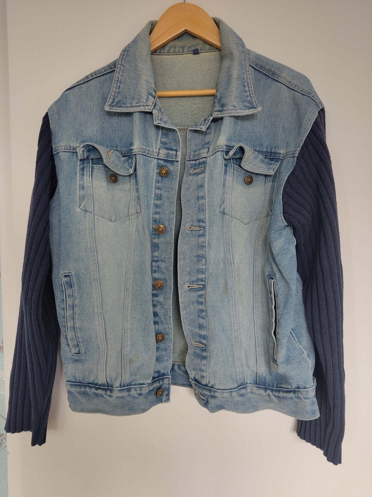Denim spijkerjack met gebreide mouwen - Maat L, Ophalen of Verzenden, Gedragen, Maat 42/44 (L), Blauw