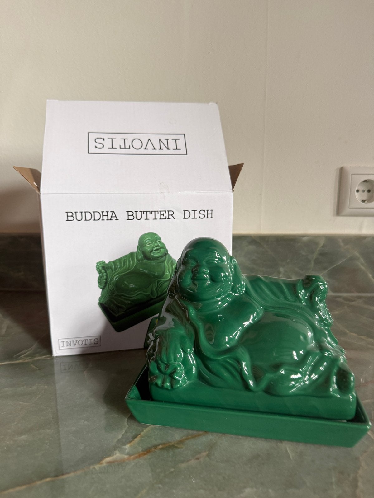 Invotis Buddha Butter Dish  groene Boeddha botervloot, Ophalen of Verzenden, Nieuw