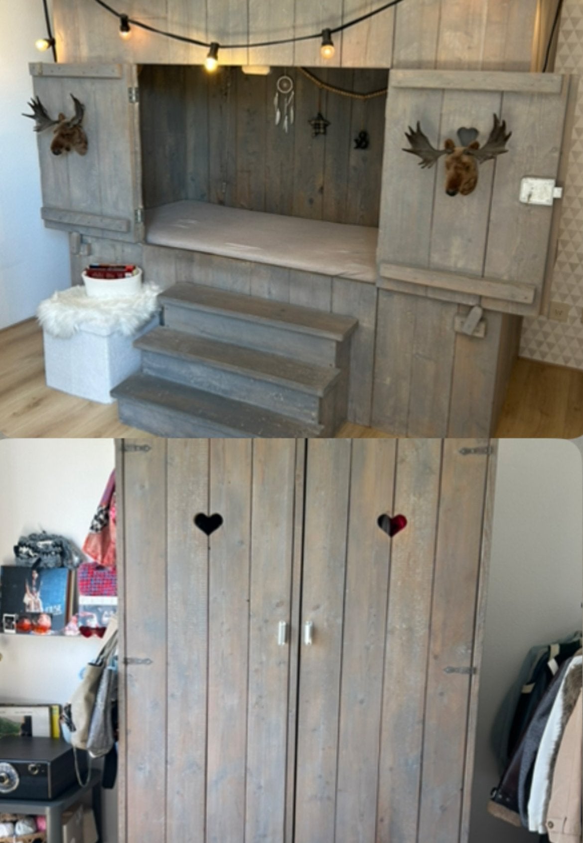 Bedstee Steigerhout Grijs met Kledingkast - Compleet Set, Kinderen en Baby's, Kinderkamer | Bedden, Ophalen, Gebruikt, 70 tot 85 cm