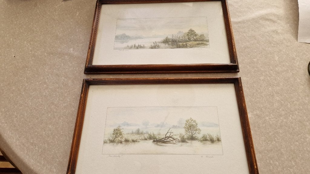 2 aquarels tekeningen ? in lijst gesigneerd, Minder dan 50 cm, Gebruikt, Ophalen of Verzenden, Schilderij