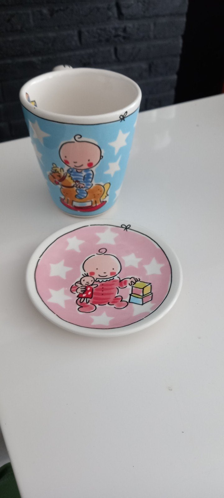 Leuke baby mok en schoteltje set, Ophalen of Verzenden, Zo goed als nieuw, Blond Amsterdam, Glas of Glazen