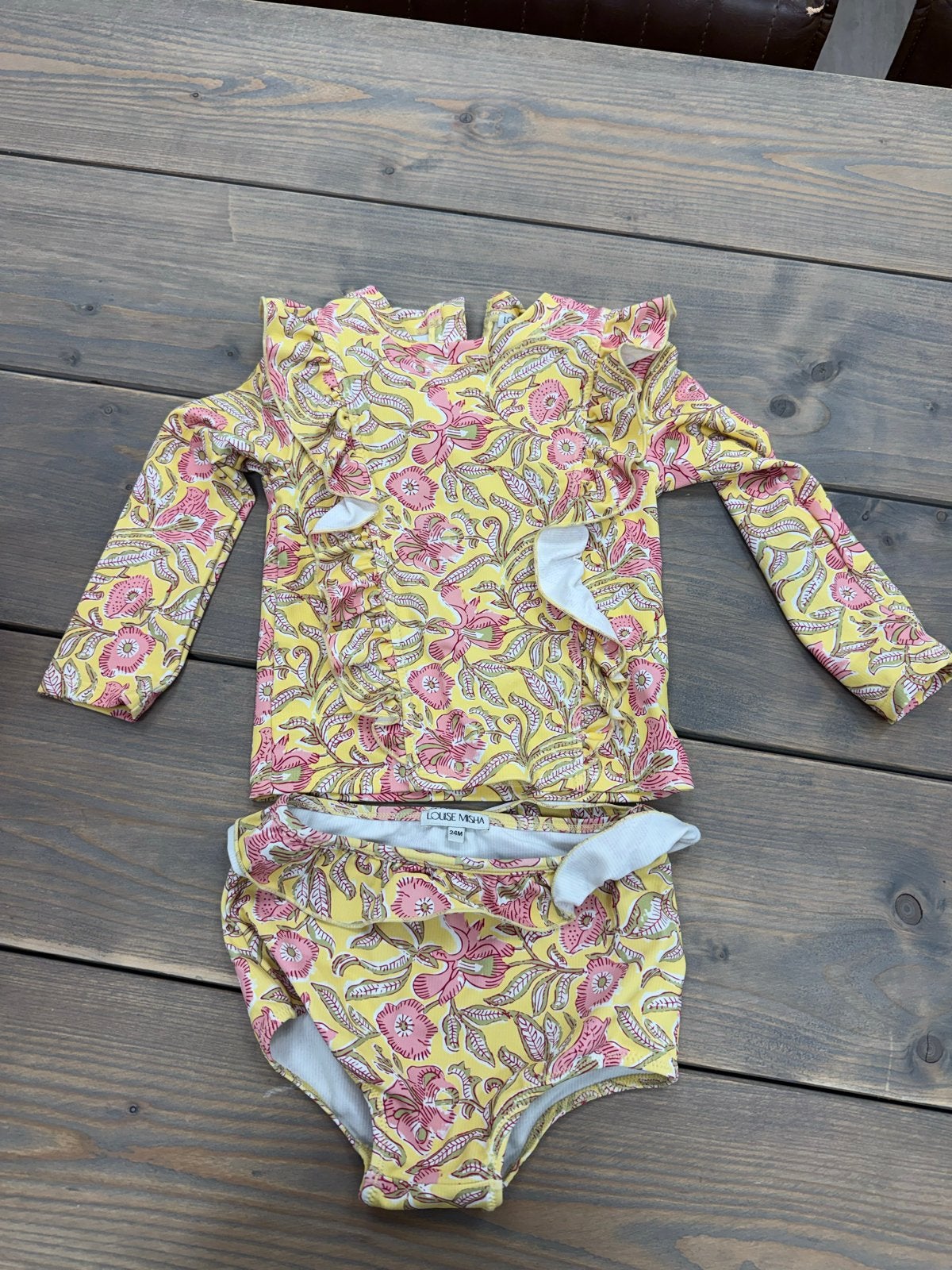 Louise Misha UV Zwemsetje 24M (Maat 86) - Geel/Roze Bloemen, Ophalen of Verzenden, Zo goed als nieuw, Zwembroek, Maat 86