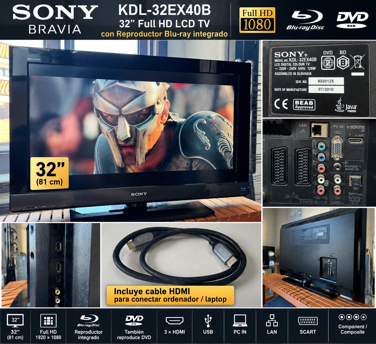 Sony Bravia KDL-32EX40B 32 inch Full HD LCD TV, Ophalen, Gebruikt, 50 Hz, LCD