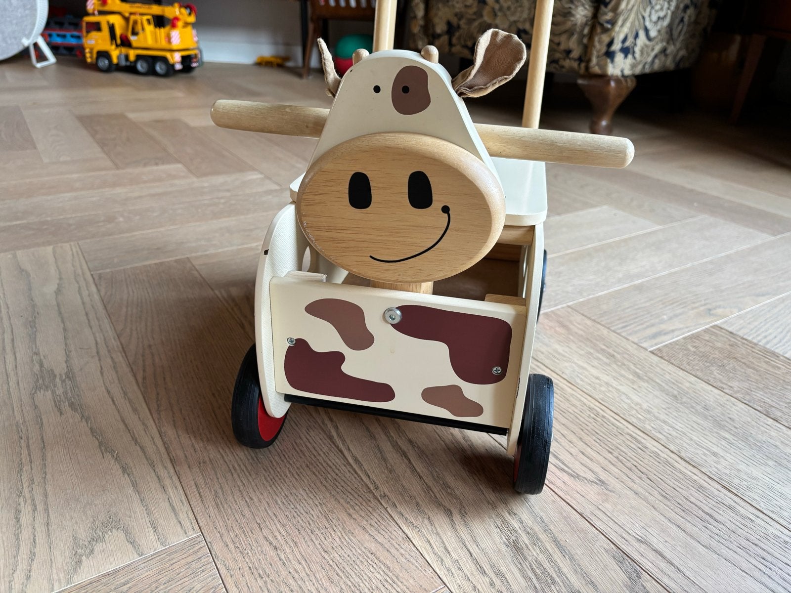 Loopkar koe van I'm Toy - Houten loopwagen met vormpjes, Ophalen, Gebruikt, Overige typen, Met wieltjes