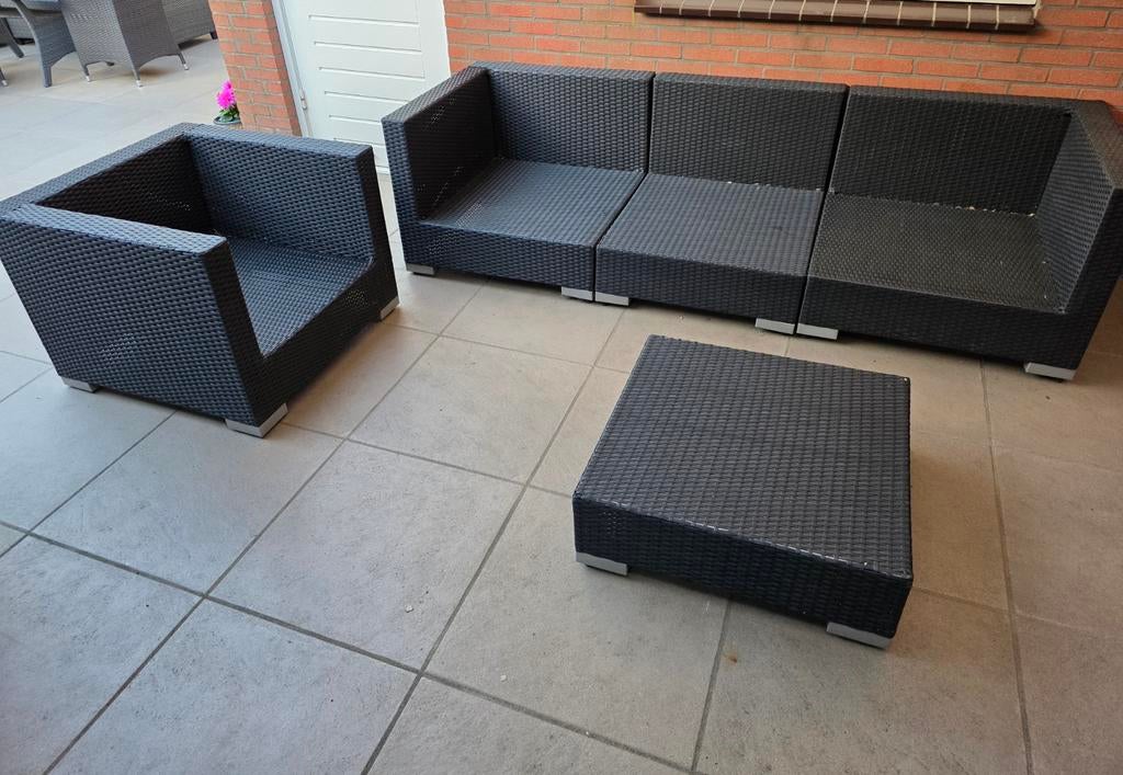 Loungeset met 3-zitsbank, fauteuil en hocker, Tuin en Terras, Tuinsets en Loungesets, Ophalen, 4 zitplaatsen, Kunststof, Loungeset