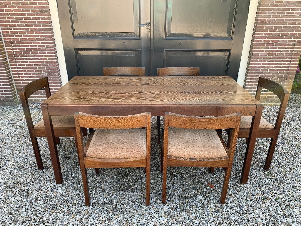 Vintage eettafel en 6 stoelen in wenge, Ophalen, Gebruikt, Vintage, 50 tot 100 cm