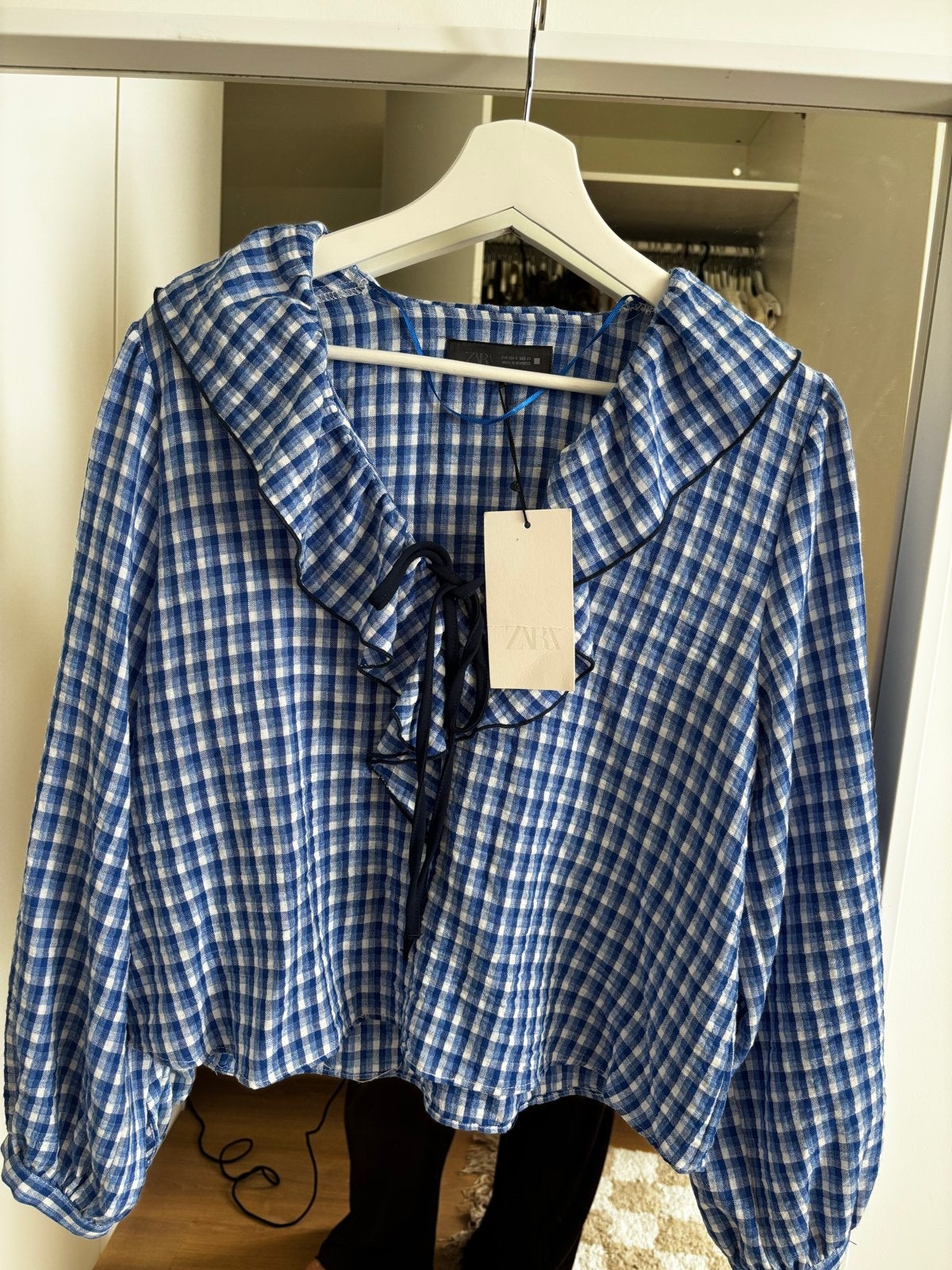 Zara geruite blouse met ruches en strik - Maat S, Ophalen of Verzenden, Nieuw, Maat 36 (S), Blauw