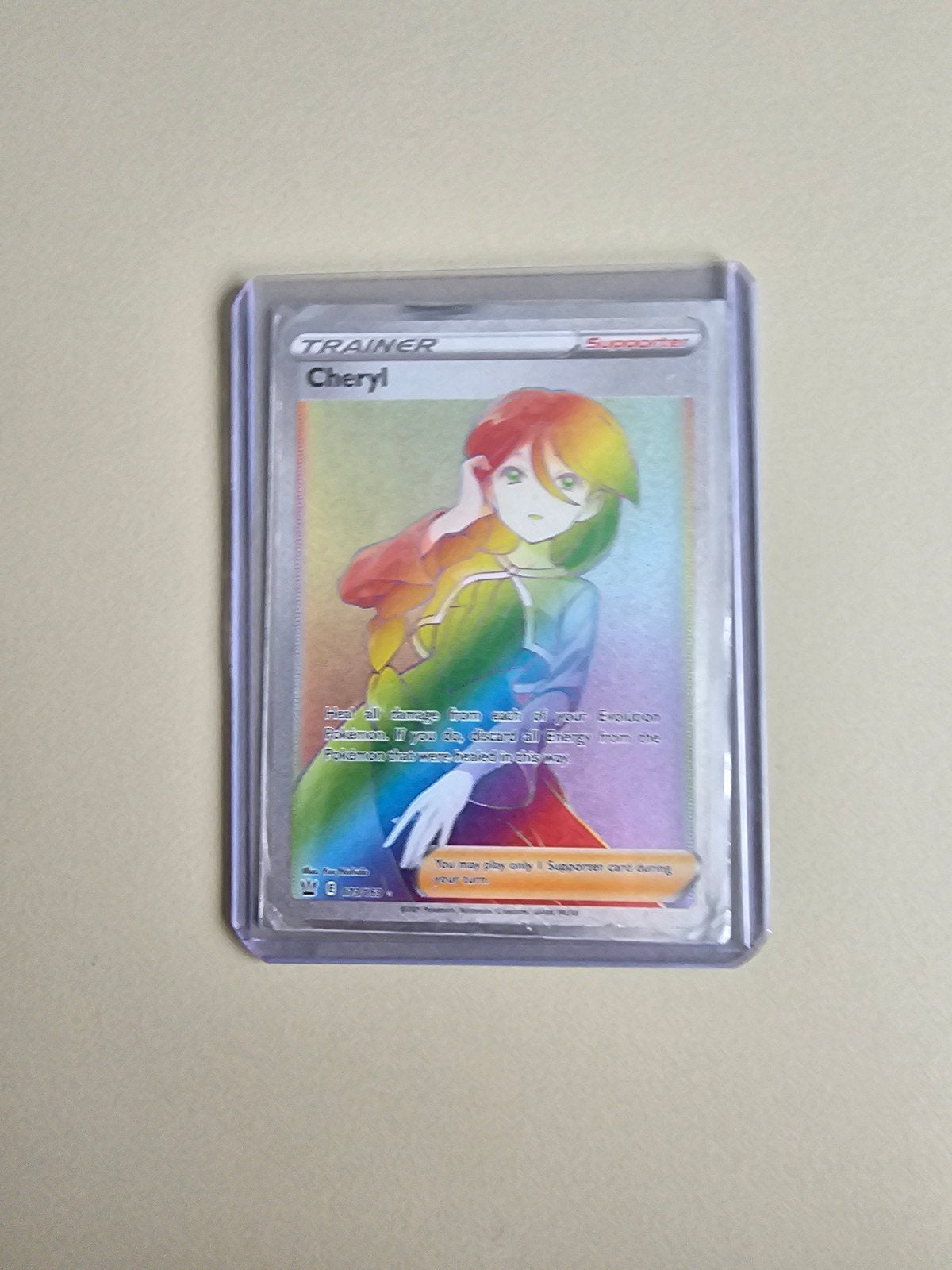 Pokémon TCG Cheryl Full Art Rainbow Rare Trainer Kaart, Ophalen of Verzenden, Zo goed als nieuw, Losse kaart, Foil